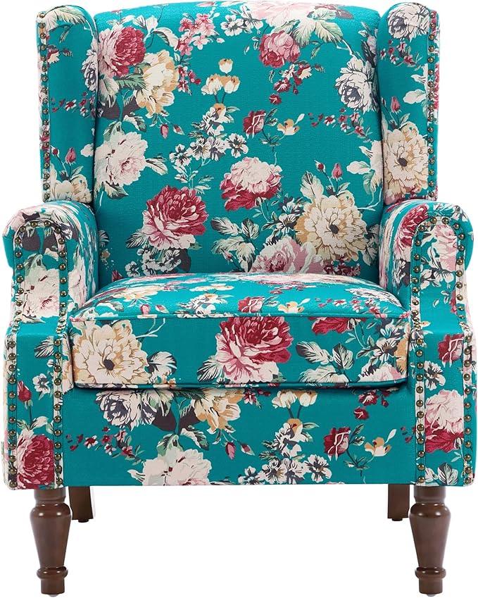 UIXE High Back Floral Accent Chair, Upholstered Armchair in Fabric, Retro Printed Wingback Arm Chair for Living Room, Nailhead Trim Single Sofa Bedroom Reading Seat - Peacock Blue