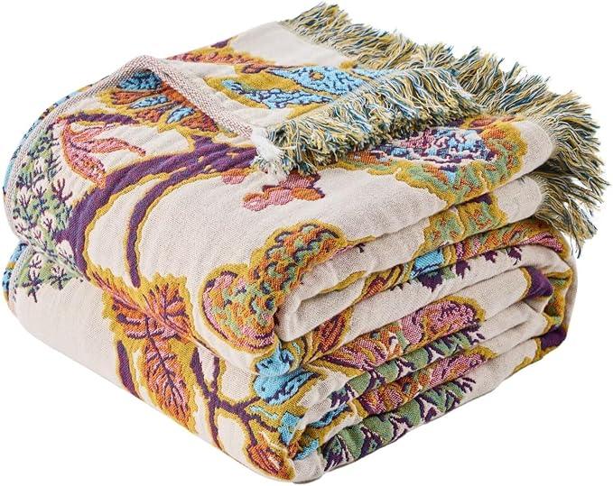 100% Muslin Throw Blanket for Couch, Butterfly and Floral Double Embroidery Fall Throw Blanket 60