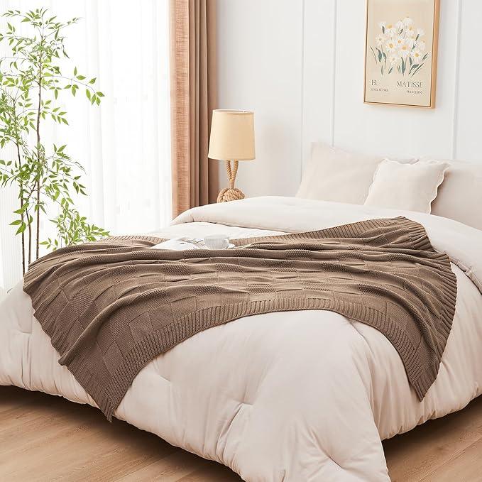 CozeCube Check Knit Throw Blanket, Light Brown Checkered Throw for Couch, Decorative Christmas Soft Cozy Warm Knitted Blanket for Bed Sofa Living Room, 60