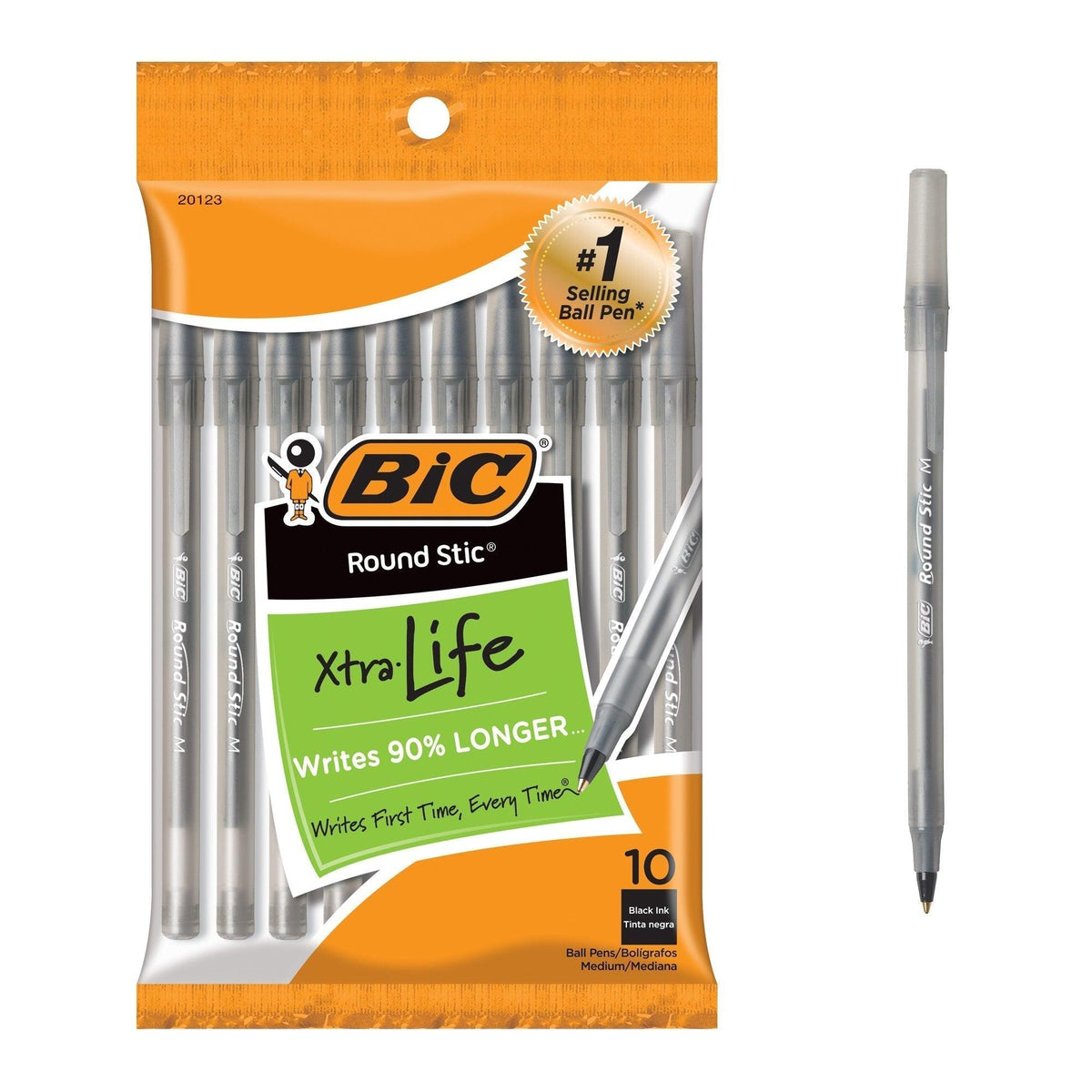 BIC Round Stic Xtra Life Ballpoint Pens, Medium, Black, 10 Count