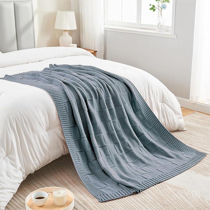 CozeCube Check Knit Throw Blanket, Dusty Blue Checkered Throw for Couch, Decorative Christmas Soft Cozy Warm Knitted Blanket for Bed Sofa Living Room, 50