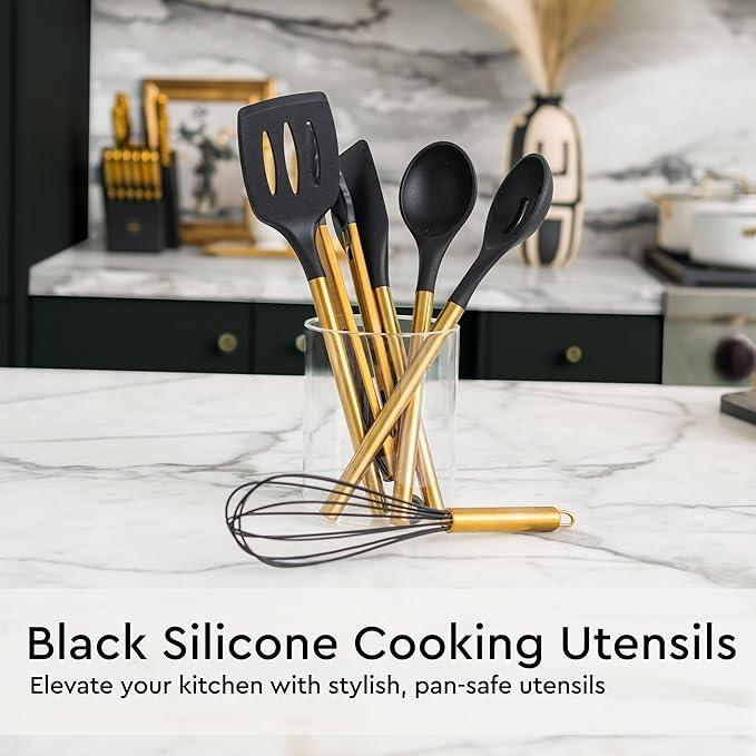 Black and Gold Kitchen Utensils Set - 19-PC Set Includes Stainless Steel and Silicone Cooking Utensils, Measuring Cups and Spoons - Black and Gold Kitchen Accessories for Stylish Cooking & Serving
