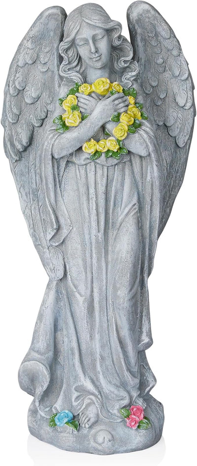 Alpine Corporation MCC832 Angel with Yellow Flower Wreath Statue, Meaningful Décor for Garden, Patio, & Lawn, 29