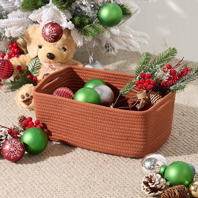 Small Storage Baskets for Organizing | Closet Organizer Bins | Shelf Toy Basket | Woven Rope Baskets | Cube Decorative Box | Shallow Basket | 13x8.5x5.1” | 4 Packs Oxide Red