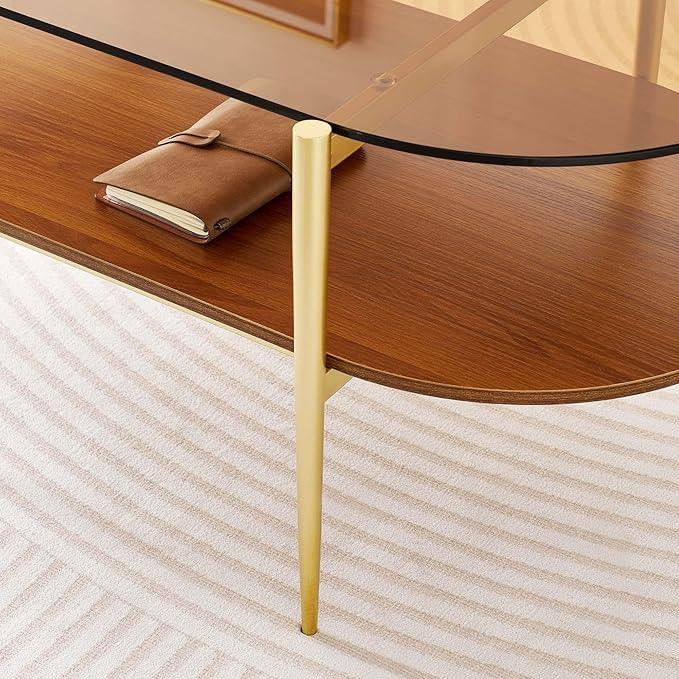 Oval Glass Coffee Table, Mid-Century Modern Design, L41 x W21 x H17 inch, for Living Room, 2-Tier Structure, Amber Glass Top and Walnut Finish Wood Shelf, Conical Legs with Gold Finish Frame