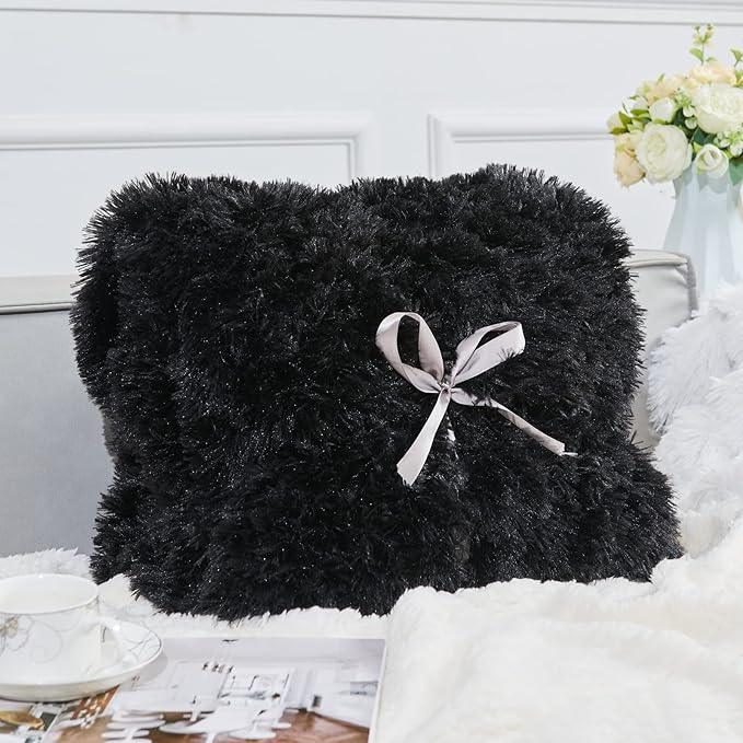 GONAAP Fuzzy Faux Fur Throw Blanket Queen Size Black Super Soft Cozy Plush Fuzzy Shaggy Blanket for Couch Sofa Bed (Black, Queen(90