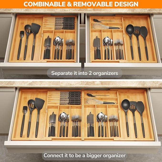 BAMEOS Expandable Silverware Drawer Organizer with Removable Knife Blocks, Bamboo Kitchen Utensil Holder from 21