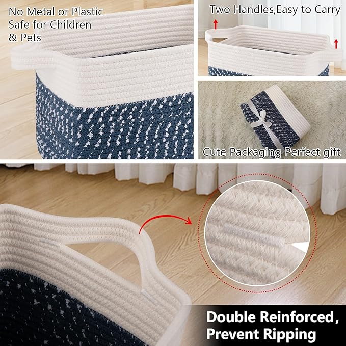OIAHOMY Storage Basket, Woven Baskets for Storage, Cotton Rope Basket for toys,Towel Baskets for Bathroom - Pack of 3,White Blue