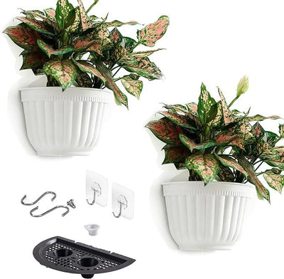 2 Pack Resin Wall Hanging Planter Pots Vertical Garden Living Wall Mount Window Hang Box Container Indoor Outdoor for Plants Flowers Kitchen Herbs Holder with Drainage Water Reservoir Decor White