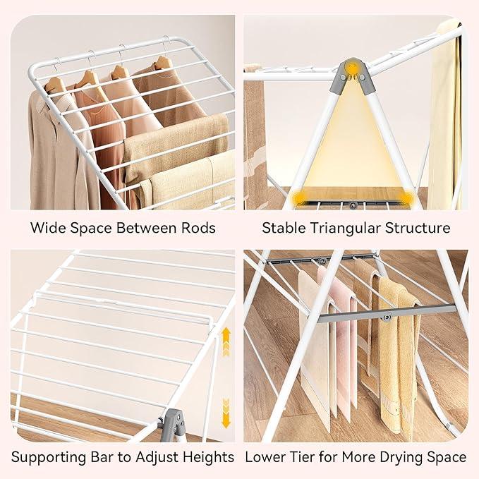 APEXCHASER Clothes Drying Rack, Foldable Drying Rack Clothing, Sturdy Metal Laundry Drying Rack, Height-Adjustable Gullwing, Easy to Fold, Space-Saving, for Indoor Outdoor, White