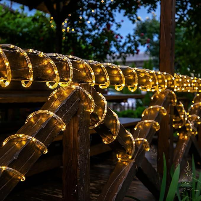 Solar Rope Lights, 2 Packs 66ft 200LED Solar String Lights, 8 Modes Waterproof Solar Powered Outdoor Lights, Flexible Clear Tube Light for Garden, Backyard, Patio, Deck, Pool,Tree Decor - Warm White
