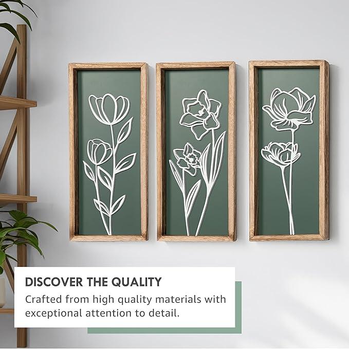 3D Floral Green Wall Art (Set of 3) Lightweight, Wooden Ready-to-Hang Boho Framed Wall Art for Bathroom, Master Bedroom, Living Room or Office - Premium Sage Green Farmhouse Decor - Gift-Boxed