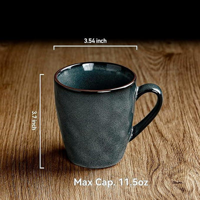 famiware Coffee Mugs Set of 4, Ocean Round 11.5oz Coffee Cup Set with Handle for Cocoa, Milk, Hot Chocolate, Stoneware Cups for Kitchen, Reactive Glaze, Microwave Dishwasher Safe, Deep Forest