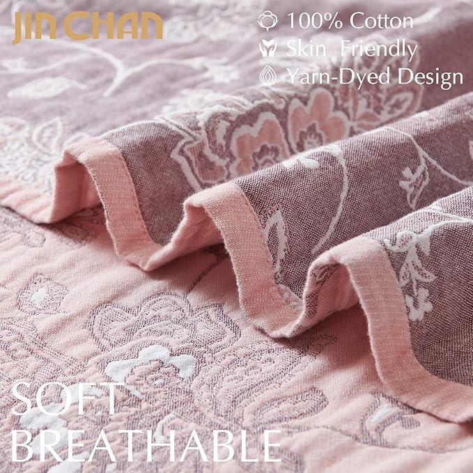 jinchan Boho 100% Cotton Muslin Twin Size 60x80 Inches Blanket Lightweight 4-Layer Quilted Soft Pink Red Floral Throw Blanket Reversible Comfy Flower Breathable All Seasons Couch Bedroom Decor