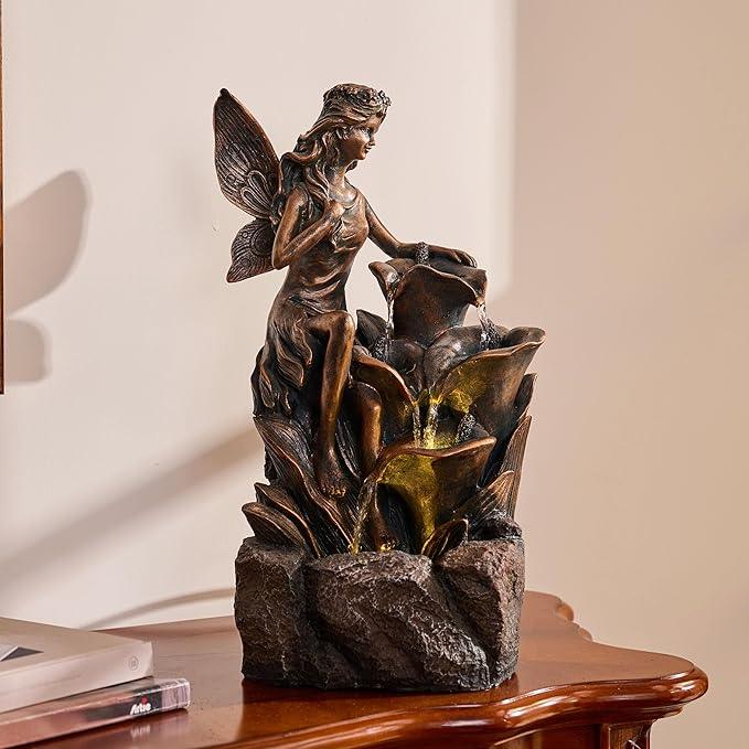 TERESA'S COLLECTIONS Water Fountain Outdoor Fairy Garden Statues with LED Lights and Pump, Large Floor Waterfall Backyard Water Fountains Porch Living Room Home Decor, Housewarming Gifts for Mom 19.3