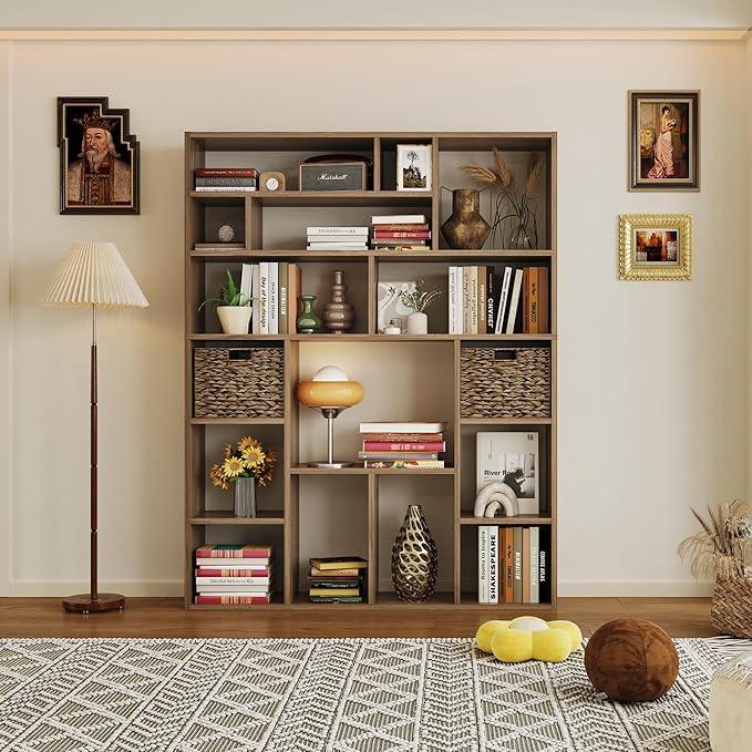71” Tall Wooden Bookcase 6-Tier Large Bookshelves with 2 Woven Baskets, 55