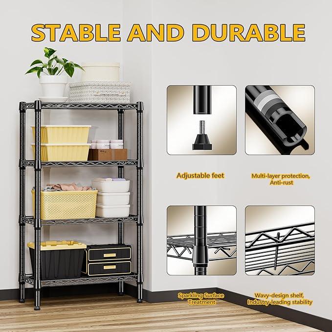 1000 lbs 4 Tier Shelf Metal Storage Shelves Wire Rack Closet Organizers for Garage Kitchen Bathroom Laundry Black 11.8