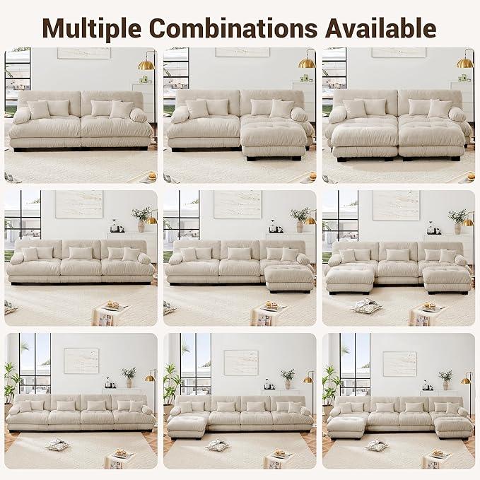L Shaped Couch Sectional Couch, 3-Seater Cloud Couch Sectional Oversized Couch, Sofa Bed Couch with Round Bolster Armrests 5 Pillows, Modular Couch Home Sofa Living Room Couch