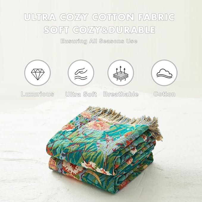 MSGKV Boho Throw Blanket for Bed Twin Size Cotton Muslin Breathable Floral Blanket 60