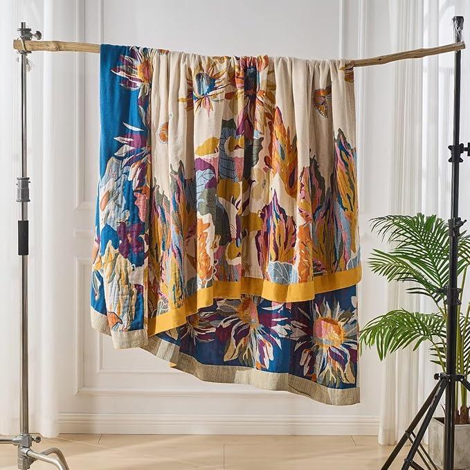100% Muslin Throw Blanket for Couch, Butterfly and Floral Double Embroidery Summer Throw Blanket 60