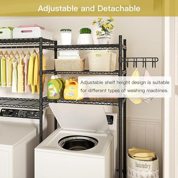 Ulif U5 Over the Washer and Dryer Storage Shelf, Laundry Room Space Saver Bathroom Storage and Organizer Rack for Hanging Towels and Drying Clothes with 5 Wire Shelves, 58.2