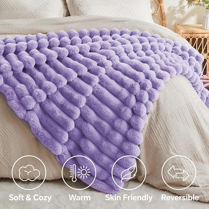 BEDELITE Faux Fur Throw Blanket for Couch, Soft and Cozy Luxurious 3D Striped Fluffy Blanket, 770GSM Thick Warm Plush Fuzzy Faux Rabbit Fur Blanket for Women Gift (Lavender, 50