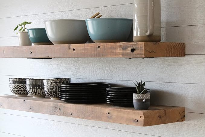 Urban Legacy Reclaimed Barn Joist Deep Floating Shelves | Deep Shelves with Low Profile Shelf Bracket with High Weight Capacity, Set of 2 (48