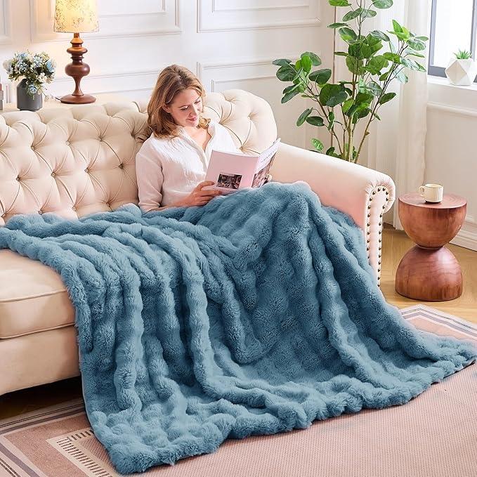 Lotus Karen Faux Fur Throw Blanket Sky Blue - Big Bubble Rabbit Fluff Blanket for Couch Bed Sofa,Softest Fluffy Fuzzy Cozy Blanket,Thick Furry Plush Shaggy Warm Blankets for Women,60x80 Inches