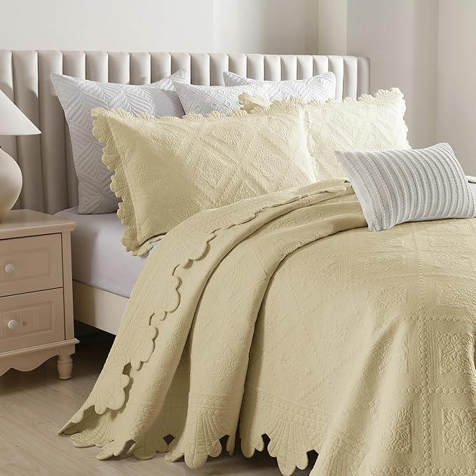 MarCielo 3-Piece 100% Cotton Oversized Bedspread Lightweight Quilt Coverlet Embroidery Farmhouse Bedding Set (Tk Beige Khaki, Oversized Queen (100