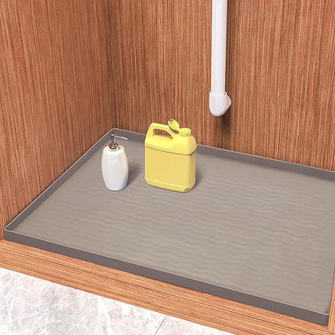 URMONA Waterproof Silicone Under Sink Mat 37'' x 22'' Shelf Liner for Kitchen and Bathroom, Cabinet and Counter Protector, Storage and Organizers, Litter Mat, Pet Cat Puppy Essentials(Beige)