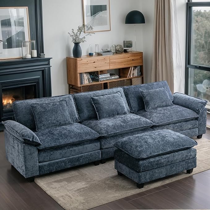 URRED Modular Sectional Sofa Comfy Cloud Couch, Modern Chenille Sofa Sleeper Deep Seat Couches with Ottoman/Pillows for Living Room (Blue, 117''- L Shape)