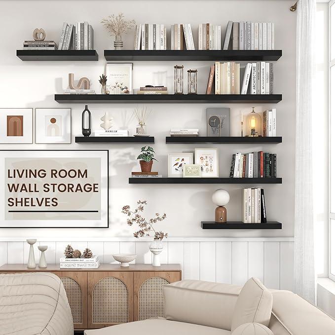 Floating Shelves - 2 Large Wall Mounted Shelves with Invisible Brackets, Long Wood Floating Wall Shelf for Living Room, Bedroom, Kitchen (Black, 36