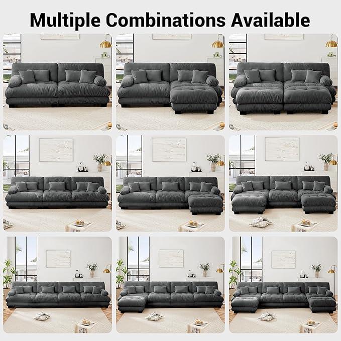 Modular Sectional Sofa U Shaped Sectional Couch, 4 Seater Cloud Couch with Ottoman, Modern Oversized Deep Seat Couches for Living Room, Comfy Chenille Sofa with 6 Throw Pillows, Gray