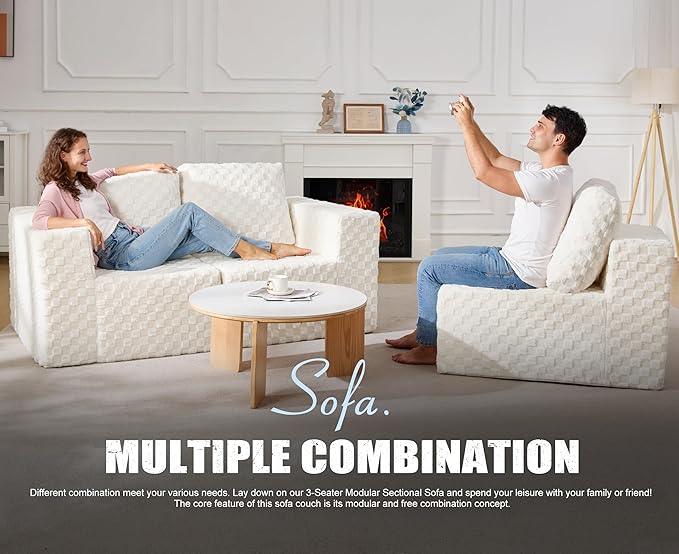 Modular Sectional Sofa 3-Seater Modular Couch with Deep Seat Memory Foam Cloud Chair with Pillows Oversized Sectional Sofa for Living Room Bedroom (Plush White, 3-Seater)
