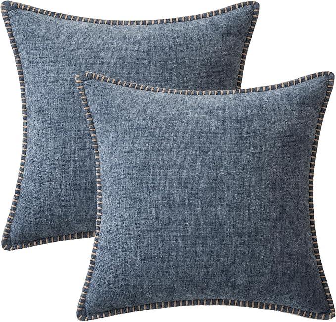 MIULEE Pack of 2 Couch Throw Pillow Covers 18x18 Inch Dark Grey Blue Farmhouse Decorative Pillow Covers with Stitched Edge Soft Chenille Solid Dyed Spring Pillow Covers for Sofa Bed Living Room
