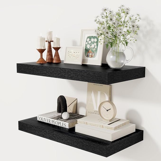 12 Inch Deep Black Floating Shelves, 24 x 12 Floating Shelf for Books, Rustic Wood Deep Wall Shelves for Home Storage & Display, 2