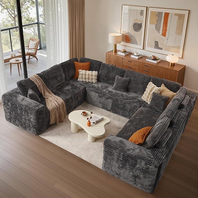 Cloud Sectional Couches for Living Room,U Shaped Modular Sofas No Assembly,135x107 Inches Plush Corduroy Oversized Floor Couch Set with Deep Seat Chaise,Grey