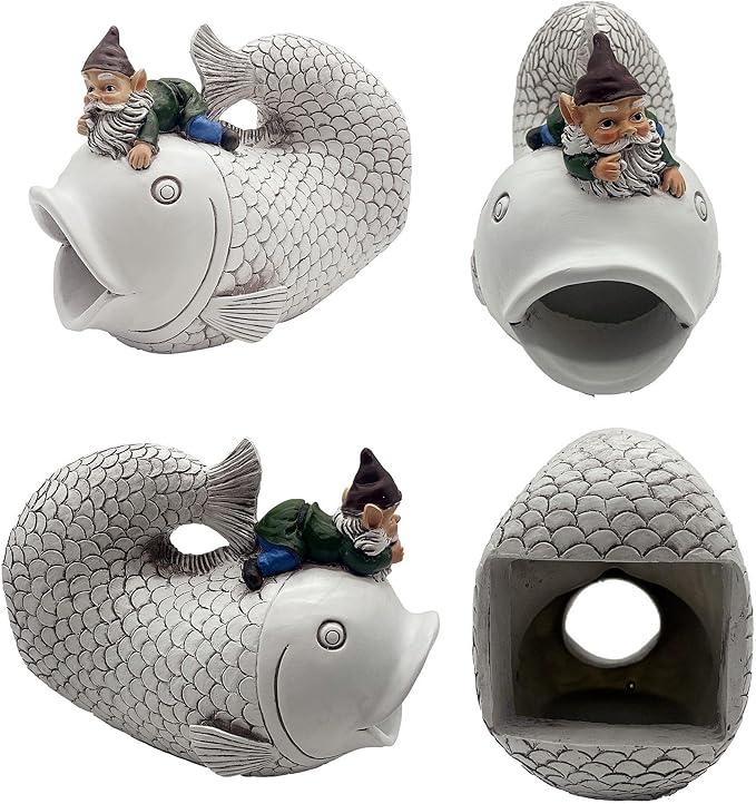 Gnome Fish Sculpture, Garden Animal Statue & Outdoor Decor, Eco-Friendly Resin Gutter Diverter Rain, Decorative Gutter Extension Downspout, Splash Block, Perfect for 3