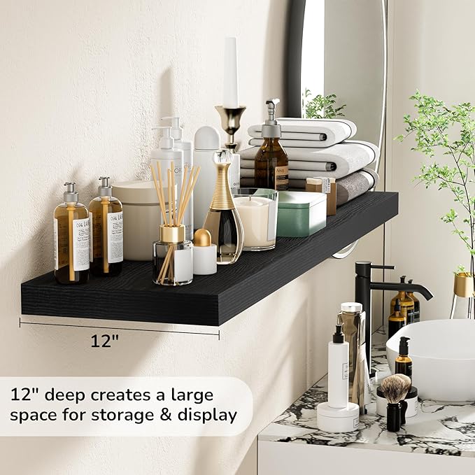 Fun Memories Floating Shelves - 12 Inch Rustic Wooden Wall Shelves - Extra Deeper & Thicker Wall Mounted Storage Shelf for Living Room, Kitchen, Farmhouse - 48