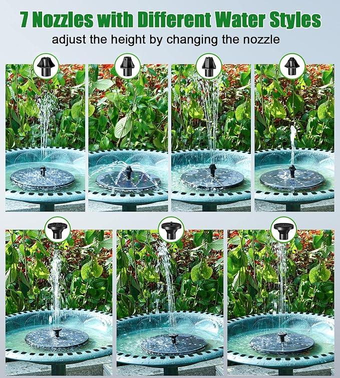 SZMP Solar Fountain Upgraded, 4W Bird Bath Fountain Pump with 7 Colors Lights, 7 Nozzle & 4 Fixer, 4000 Battery, Solar Water Fountain for Garden, Pool, Pond, Fish Tank