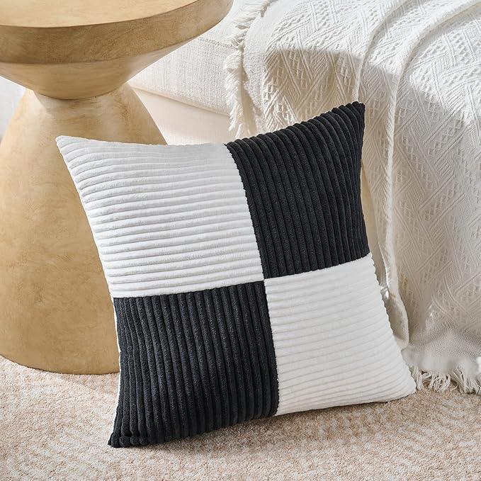 Fancy Homi Set of 2 Black White Decorative Throw Pillow Covers 20x20 Inch for Living Room Couch Bed Sofa, Farmhouse Boho Home Decor, Soft Cross Corduroy Patchwork Accent Square Cushion Case 50x50 cm