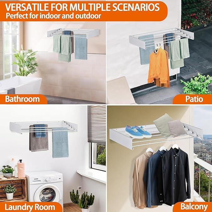 FOCHIER F Laundry Drying Rack Wall Mounted Clothes Drying Rack Collapsible with 5 Aluminum Rods and Drilling Template Long Screwdriver Bit 60 lbs Capacity (White, 31.5