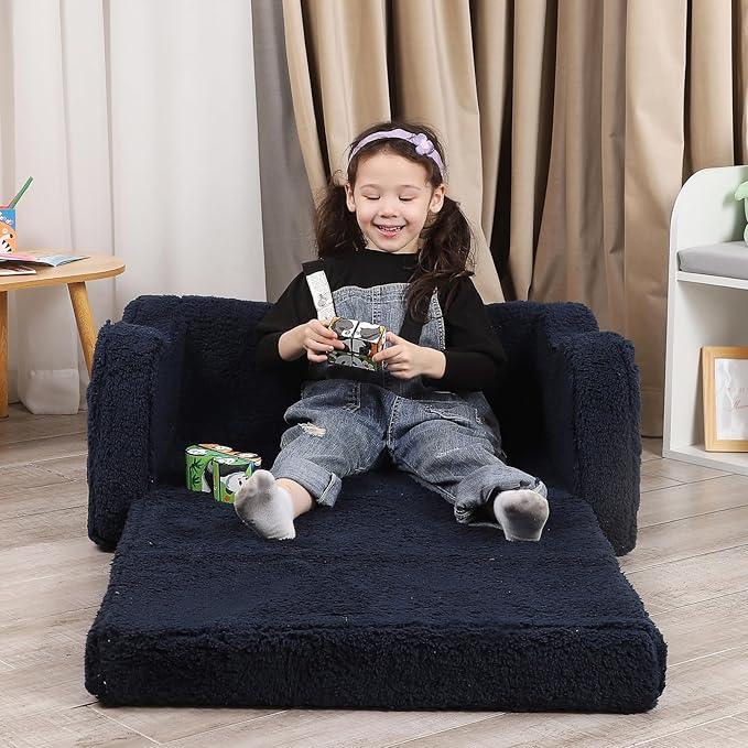 Kids Extra Wide Chairs for Toddler, 2-in-1 Toddler Soft Sherpa Couch Fold Out, Convertible Sofa to Lounger for Girls and Boys, Dark Blue