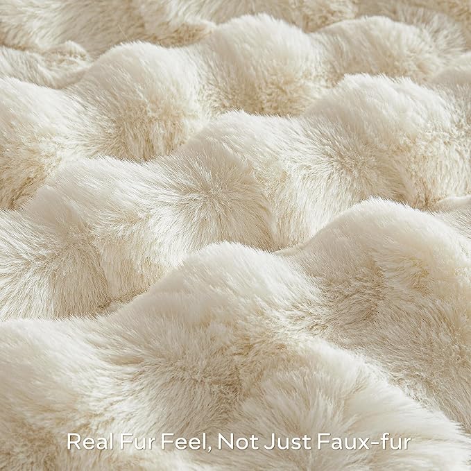 JELLYMONI Faux Fur Throw Blanket, White Fuzzy Cozy Plush Bubble Bed Blanket, Thick and Warm, Queen (90