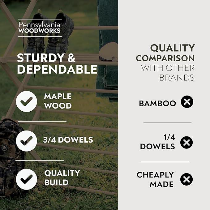 Pennsylvania Woodworks Premium American Maple Clothes Drying Rack - Handcrafted in Pennsylvania - Solid Wood Construction, Collapsible, Eco-Friendly Laundry Solution (X-Large)