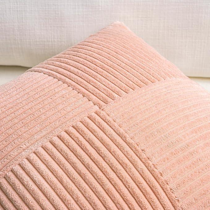Fancy Homi 2 Packs Peach Decorative Throw Pillow Covers 16x16 Inch for Living Room Couch Bed Sofa, Rustic Farmhouse Boho Home Decor, Soft Corss Patchwork Corduroy Textured Square Cushion Case 40x40 cm