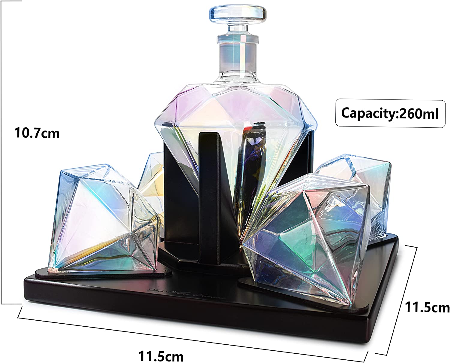 Diamond Iridescent Whiskey and Wine Decanter, Great Gift! 750ml With 4 Diamond Glasses and Beautiful Mahogany Wooden Holder Liquor, Scotch, Rum, Bourbon, Vodka, Tequila Decanter
