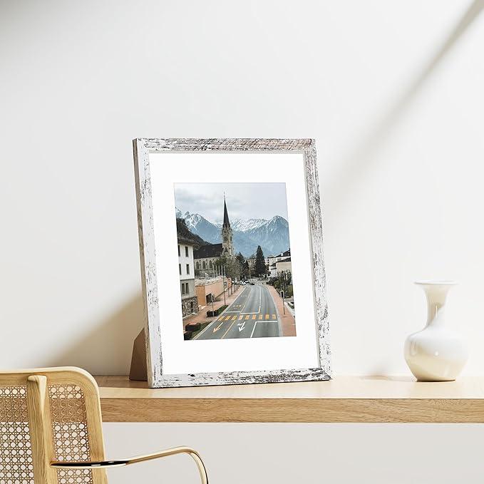 Vittanly 11x14 Picture Frames Set of 9, Shatter Resistant Plexiglass, Display 8x10 Pictures with Mat or 11x14 without Mat, Photo Frames for Wall or Tabletop, Engineered Wood, Distressed White