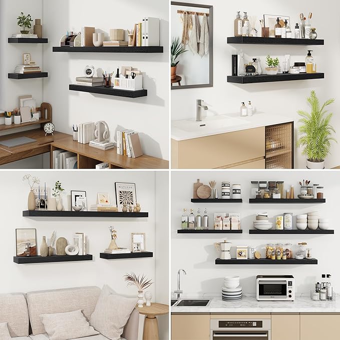 fuqing Floating Shelves for Wall, Bathroom Shelf Wall Mounted for Storage, Shelves with Invisible Bracket for Bedroom, Kitchen, Living Room, Farmhouse Small Book Shelf, 6.5 Inch Set of 3, Black