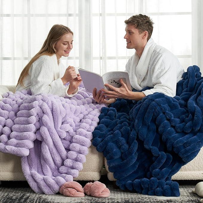 Cozy Bliss Faux Fur Throw Blanket for Couch, Cozy Warm Plush Striped Blanket for Sofa Bedroom Living Room,60 * 80 Inches Navy Blue
